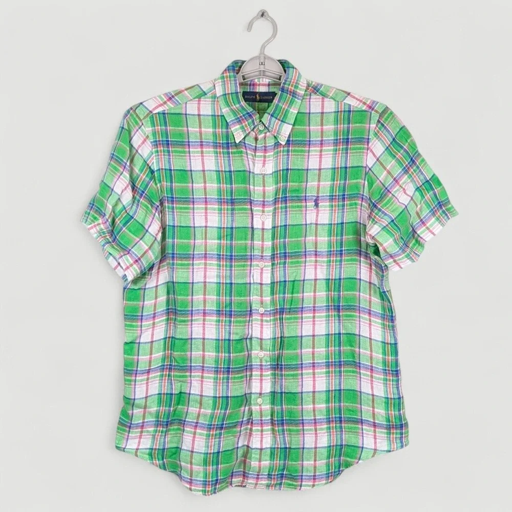 Polo Ralph Lauren Linen Button Up Shirt Mens Large‎ Multicolor Plaid Casual